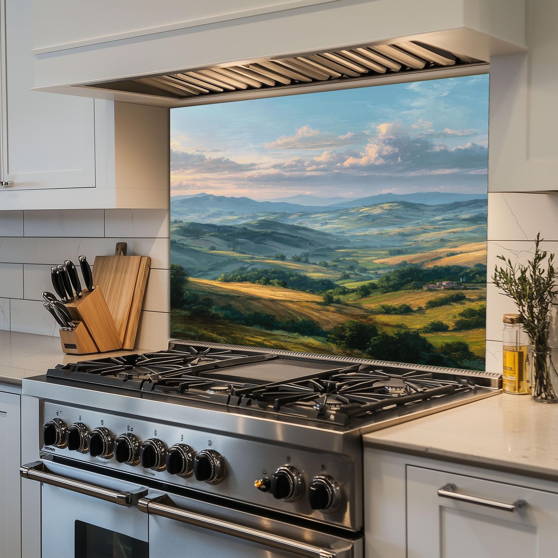 Tuscan Hills Glass Backsplash, Rustic Italy Scene Stove Guard, Heat Resistant Kitchen Wall Art