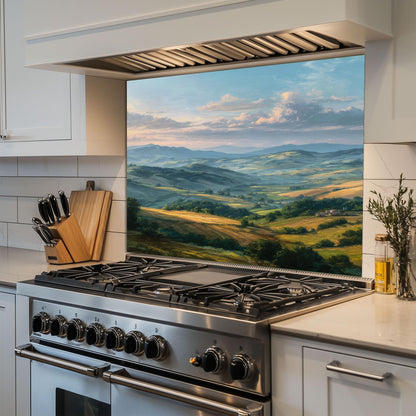 Tuscan Hills Glass Backsplash, Rustic Italy Scene Stove Guard, Heat Resistant Kitchen Wall Art