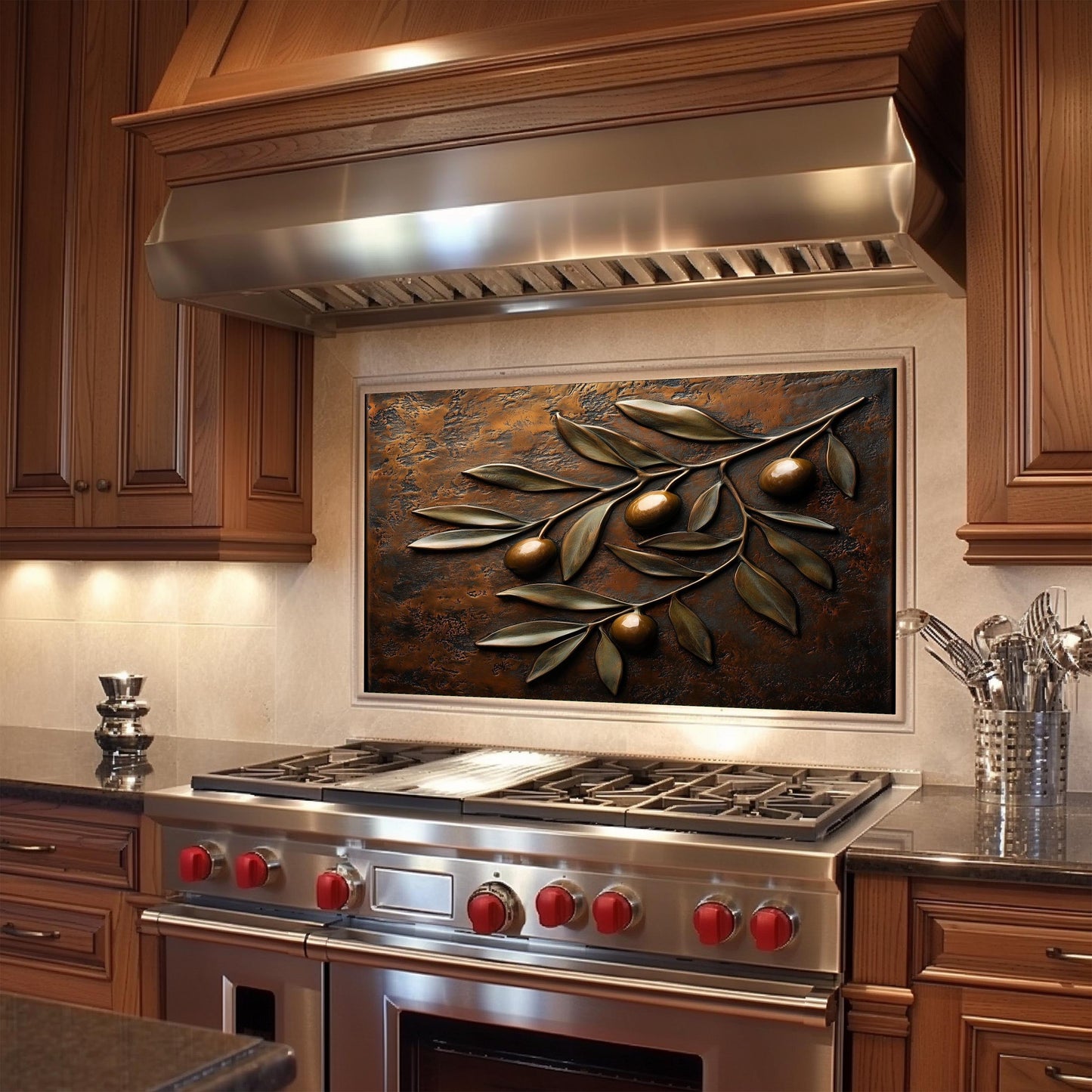 Rustic Mediterranean kitchen backsplash in tempered glass. Features olive branch design with heat-resistant, easy-to-clean surface. Perfect farmhouse kitchen decor, bringing natural elegance and functionality to any cooking area.