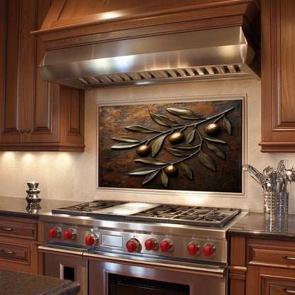 Rustic Mediterranean kitchen backsplash in tempered glass. Features olive branch design with heat-resistant, easy-to-clean surface. Perfect farmhouse kitchen decor, bringing natural elegance and functionality to any cooking area.