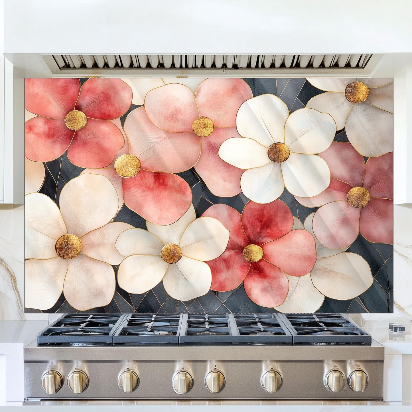 Artistic Floral Glass Backsplash, Heat Resistant Stove Guard, Custom Size Kitchen Art