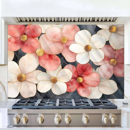 Artistic Floral Glass Backsplash, Heat Resistant Stove Guard, Custom Size Kitchen Art