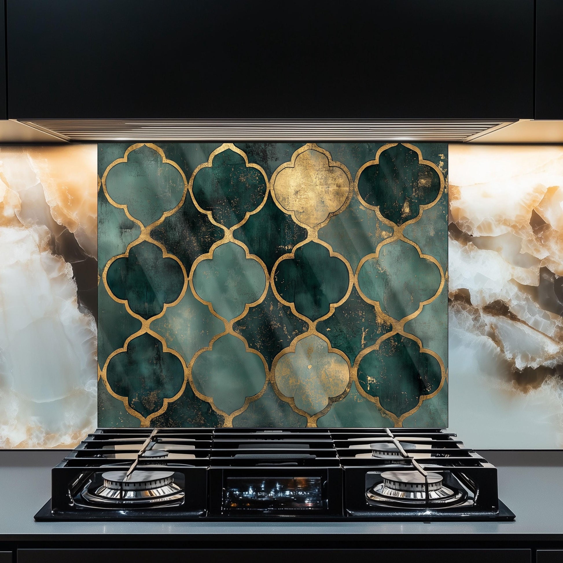 Moroccan Style Glass Backsplash, Blue Geometric Stove Guard, Heat Resistant Easy Clean Kitchen Art