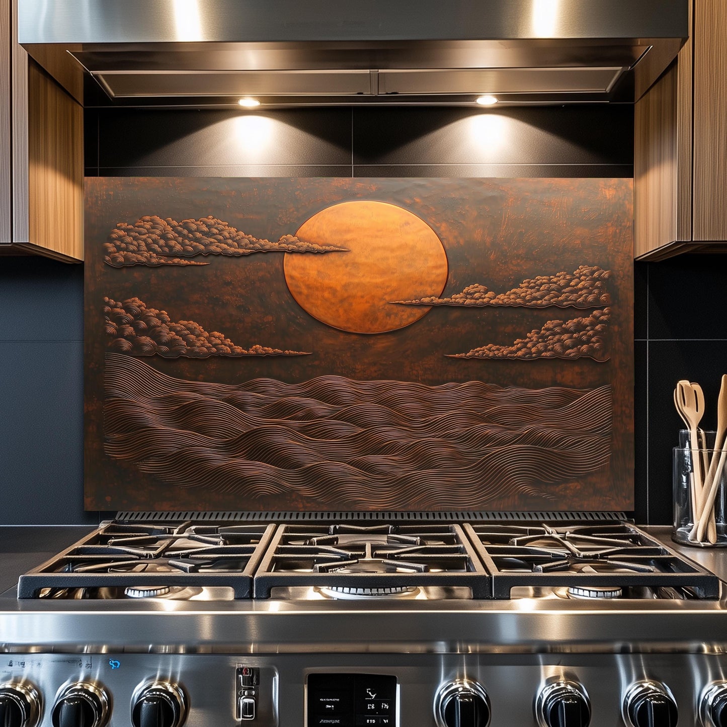 Copper Sunset Ocean Glass Backsplash, Rustic Beach Stove Guard, Heat Resistant Easy Clean Art