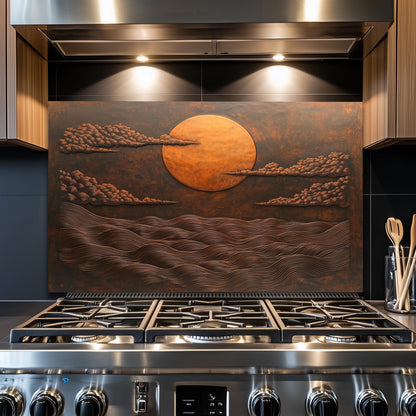 Copper Sunset Ocean Glass Backsplash, Rustic Beach Stove Guard, Heat Resistant Easy Clean Art