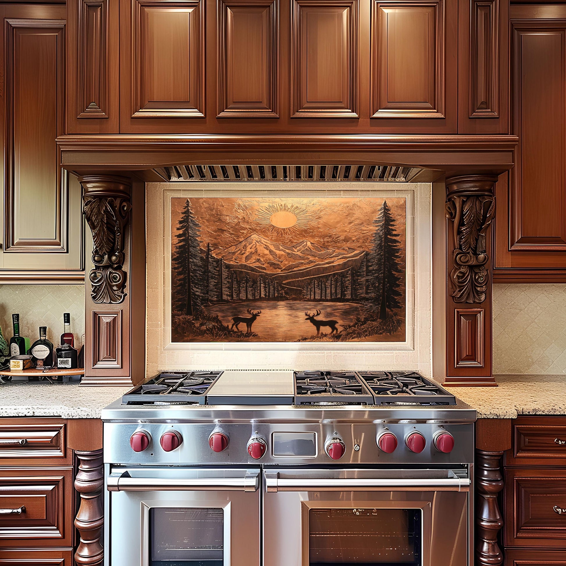 Rustic kitchen backsplash, copper mountain design, heat-resistant tempered glass, easy clean kitchen wall protector, nature-inspired wall art, stove backsplash protector, rustic decor