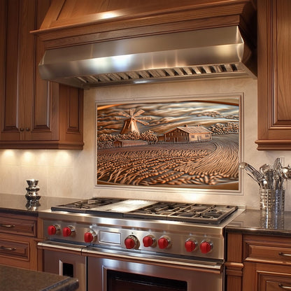 Copper Embossed Kitchen Backsplash: Rustic Farmhouse Windmill Scene