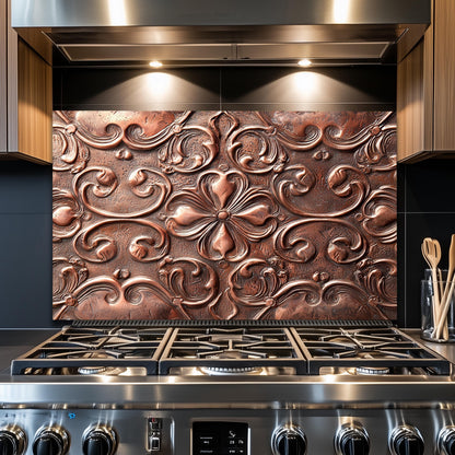 Copper-Effect Tempered Glass Backsplash: Rustic Kitchen Decor