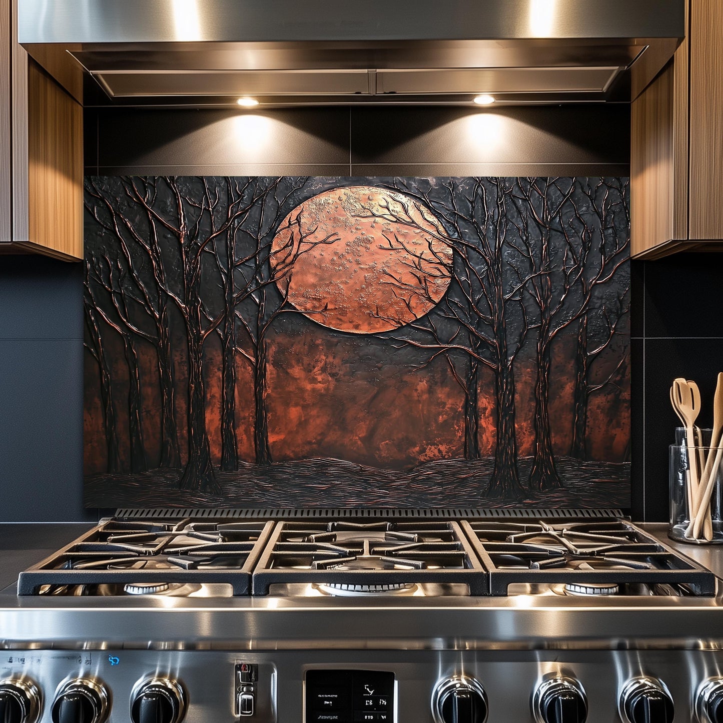 Moon Forest Glass Backsplash, Rustic Night Landscape Tempered Glass, Custom Size Design