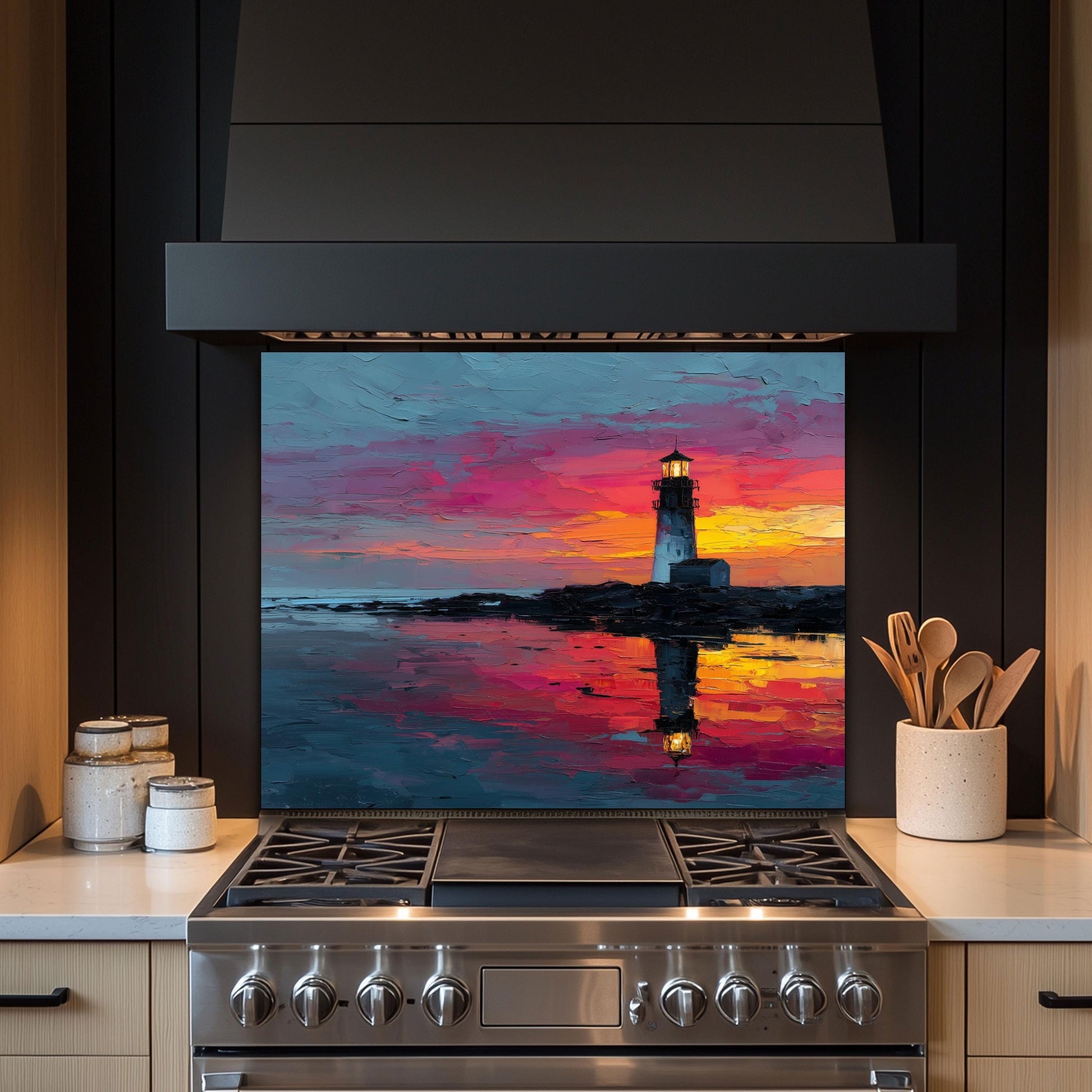 Sunset Lighthouse Kitchen Backsplash, Coastal Ocean Tempered Glass Art, Custom Size Design