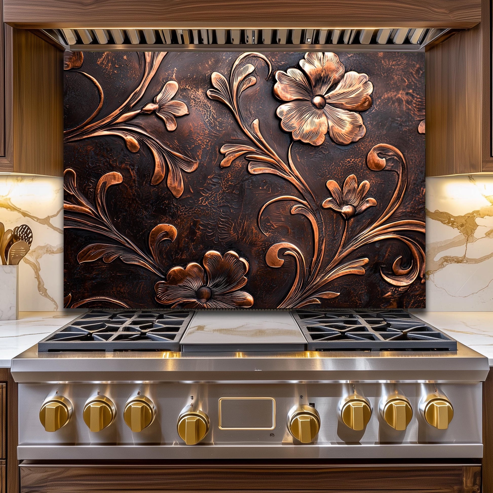 Embossed Copper Floral Glass Backsplash: Rustic Kitchen Decor
