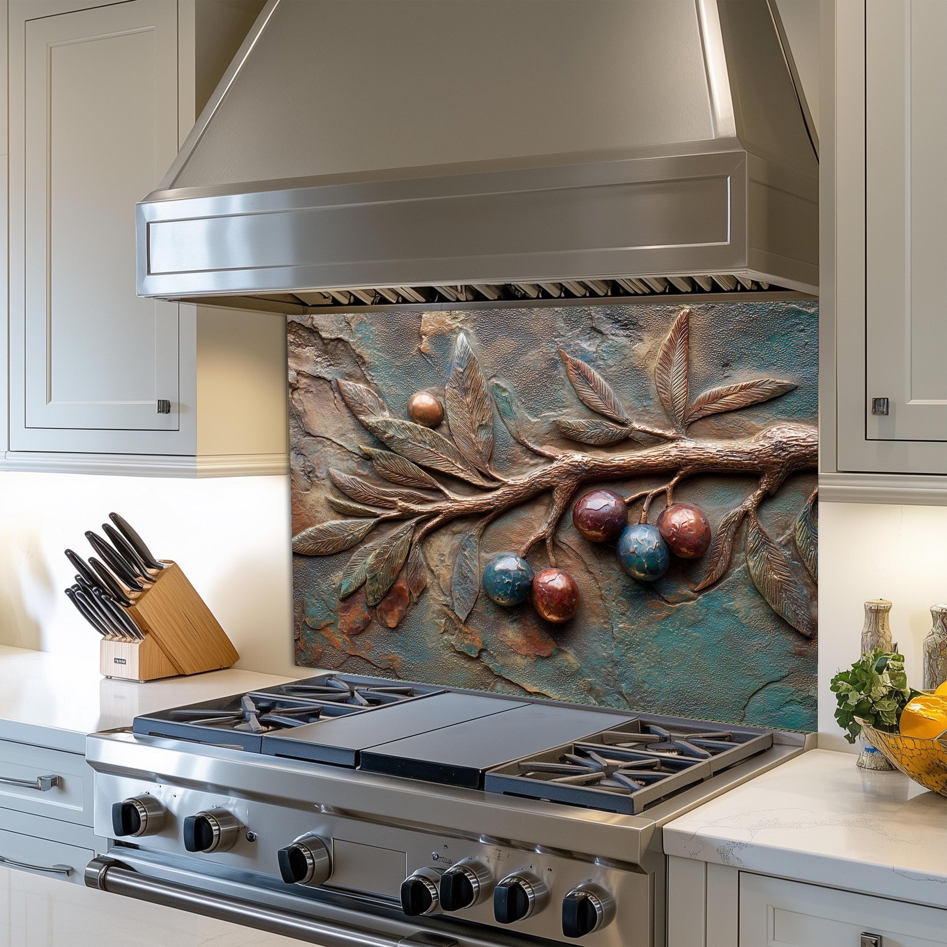Olive Branch Tempered Glass Backsplash: Rustic Tuscan Kitchen Decor