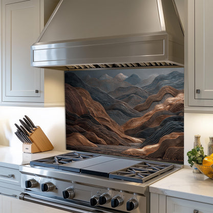 Tempered Glass Mountain Backsplash: Copper & Charcoal Abstract Art