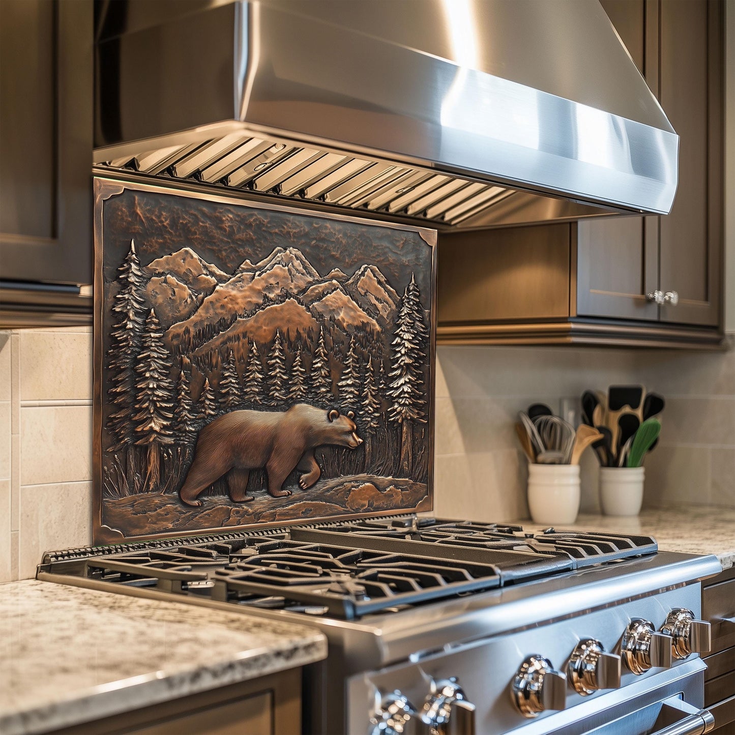 Mountain Bear Tempered Glass Stove Cover: Artistic Kitchen Backsplash