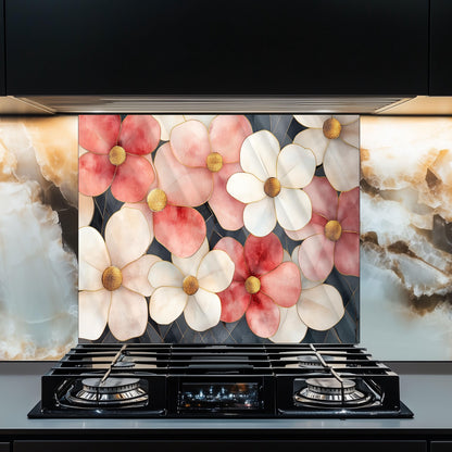 Artistic Floral Glass Backsplash, Heat Resistant Stove Guard, Custom Size Kitchen Art