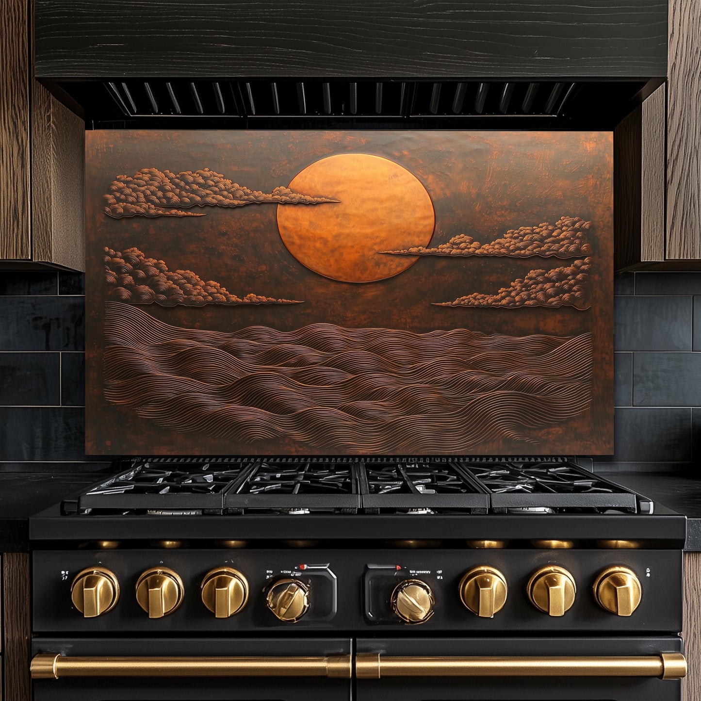 Copper Sunset Ocean Glass Backsplash, Rustic Beach Stove Guard, Heat Resistant Easy Clean Art