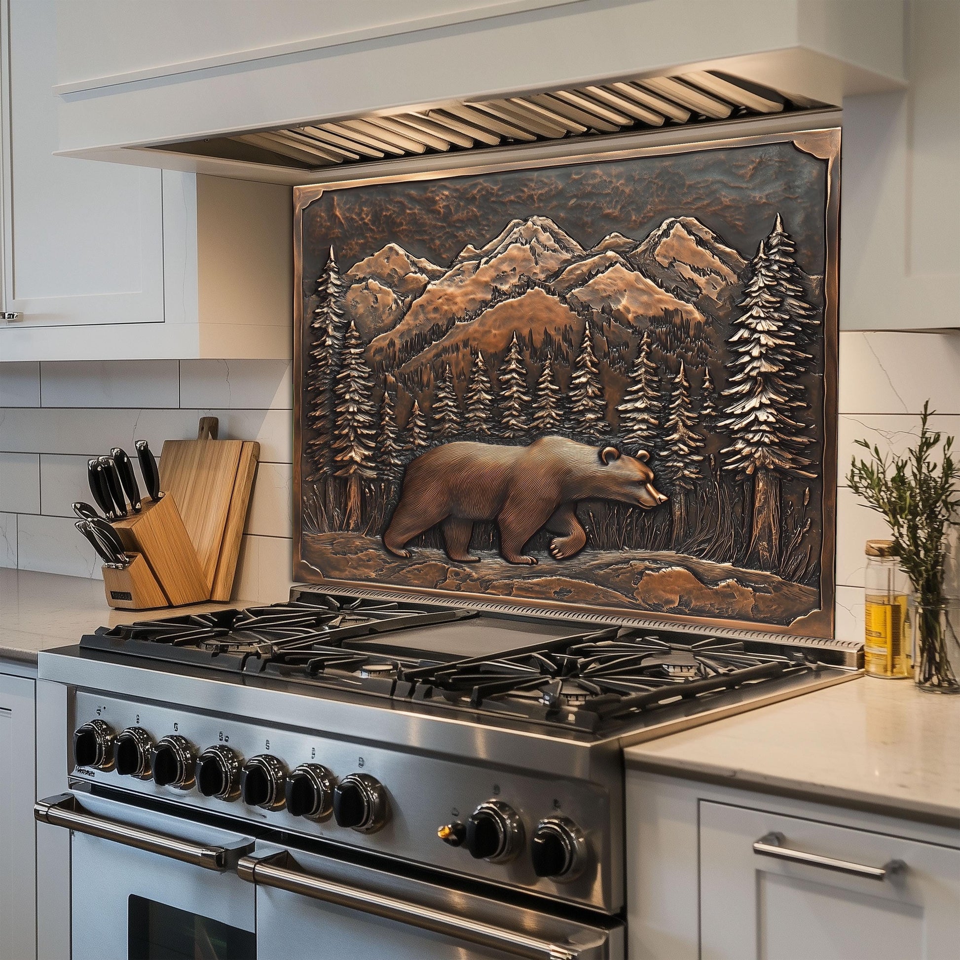 Mountain Bear Tempered Glass Stove Cover: Artistic Kitchen Backsplash