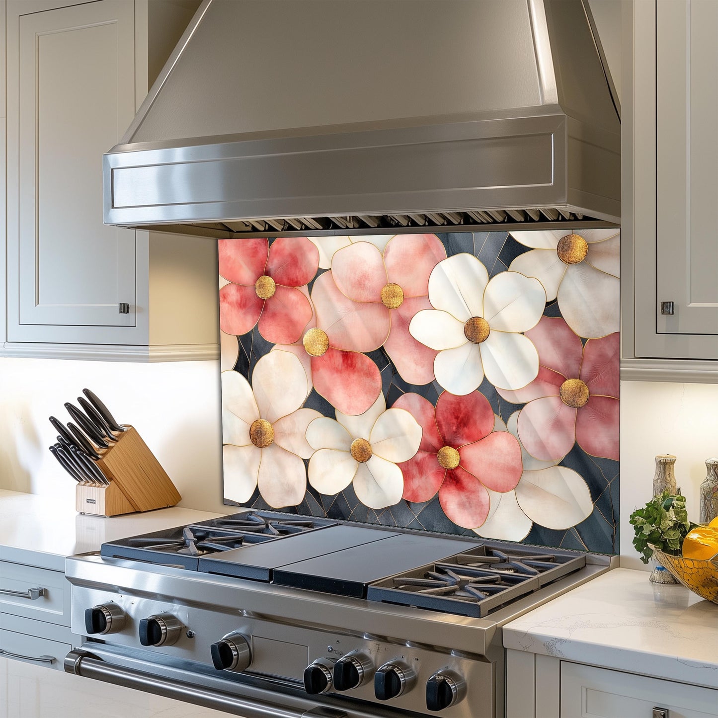 Artistic Floral Glass Backsplash, Heat Resistant Stove Guard, Custom Size Kitchen Art