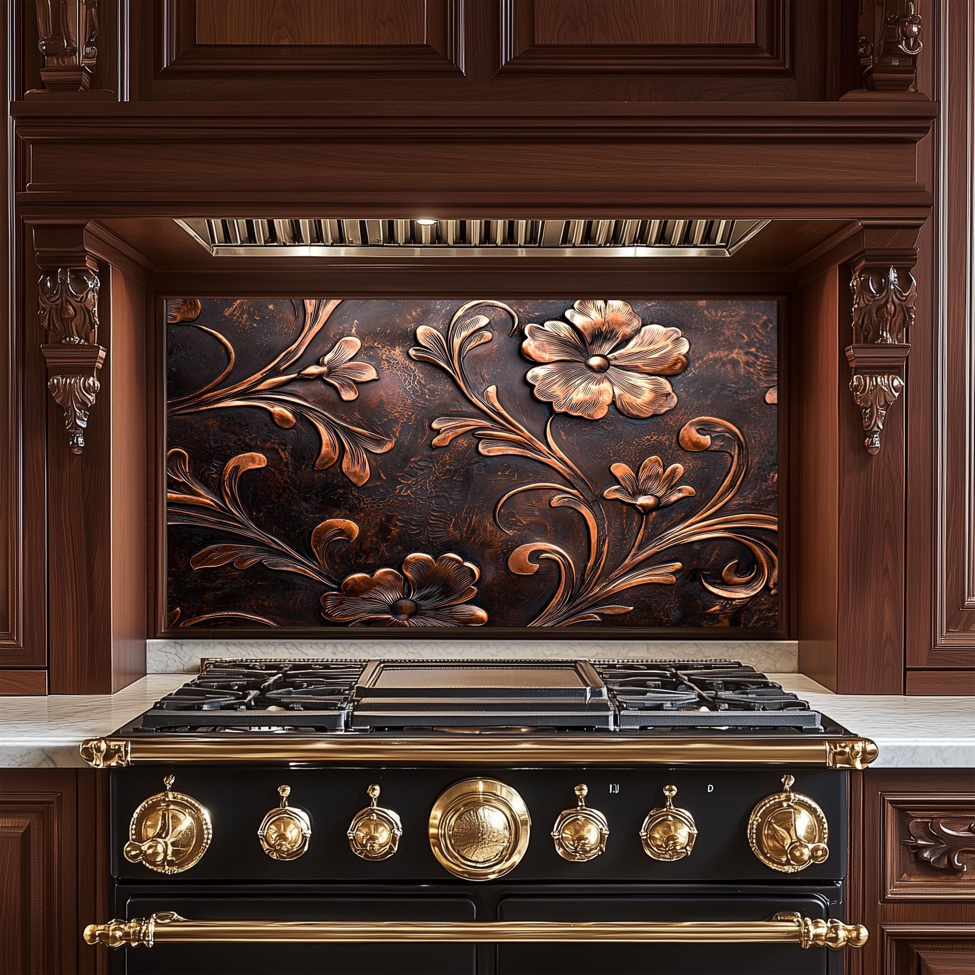 Embossed Copper Floral Glass Backsplash: Rustic Kitchen Decor