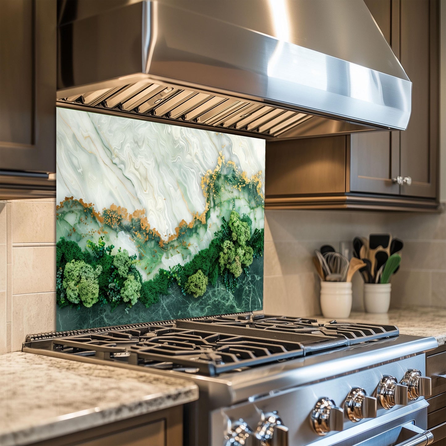 Green Marble Moss Glass Backsplash, Nature Texture Stove Guard, Heat Resistant Easy Clean Art