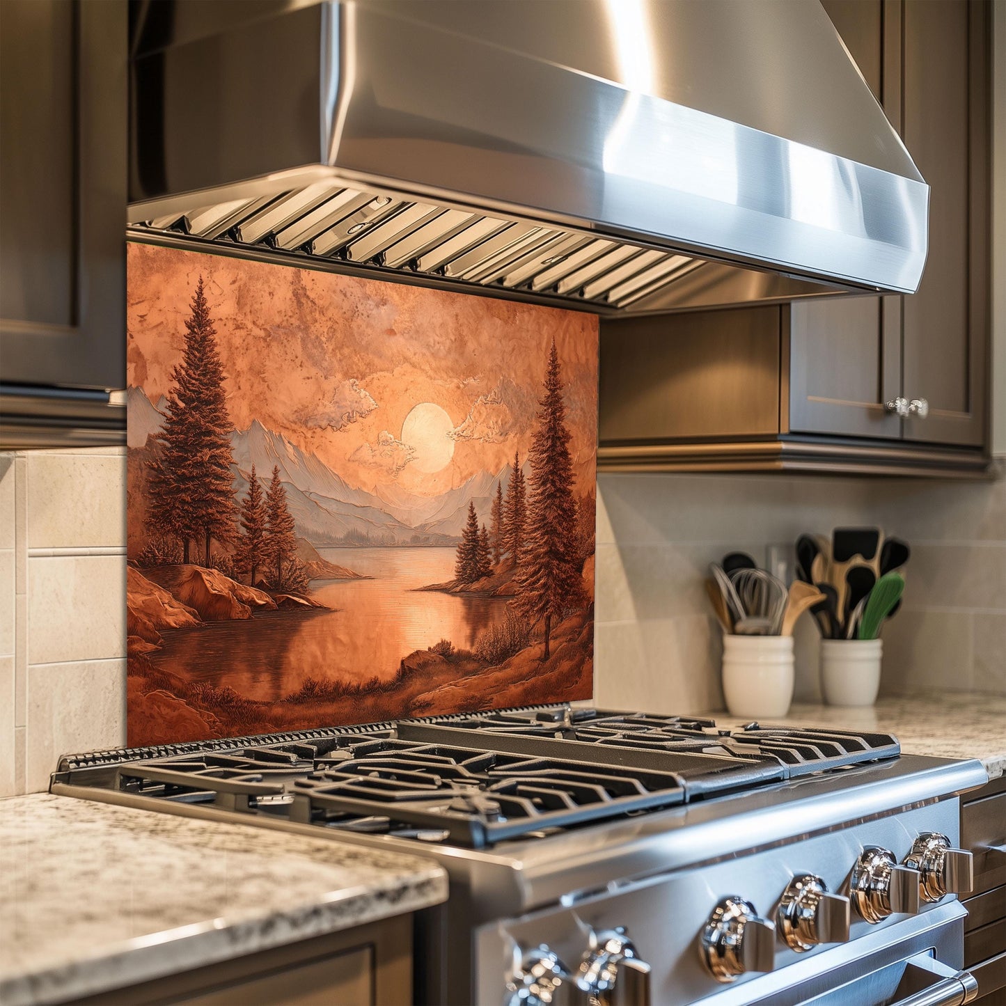 Tempered Glass Mountain & Deer Backsplash: Rustic Copper Kitchen Decor