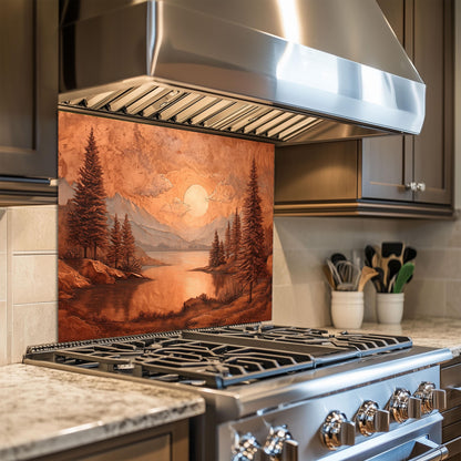 Tempered Glass Mountain & Deer Backsplash: Rustic Copper Kitchen Decor