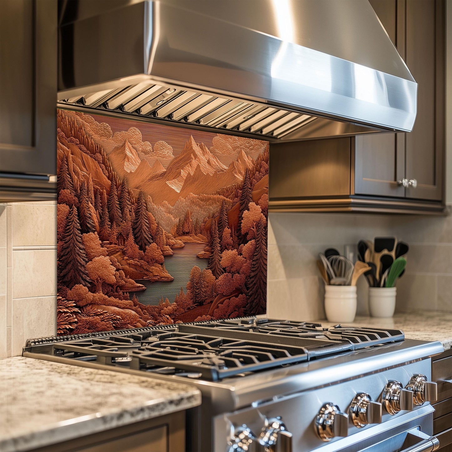 Rustic Sepia Mountain Glass Backsplash: Cabin Kitchen Stove Panel