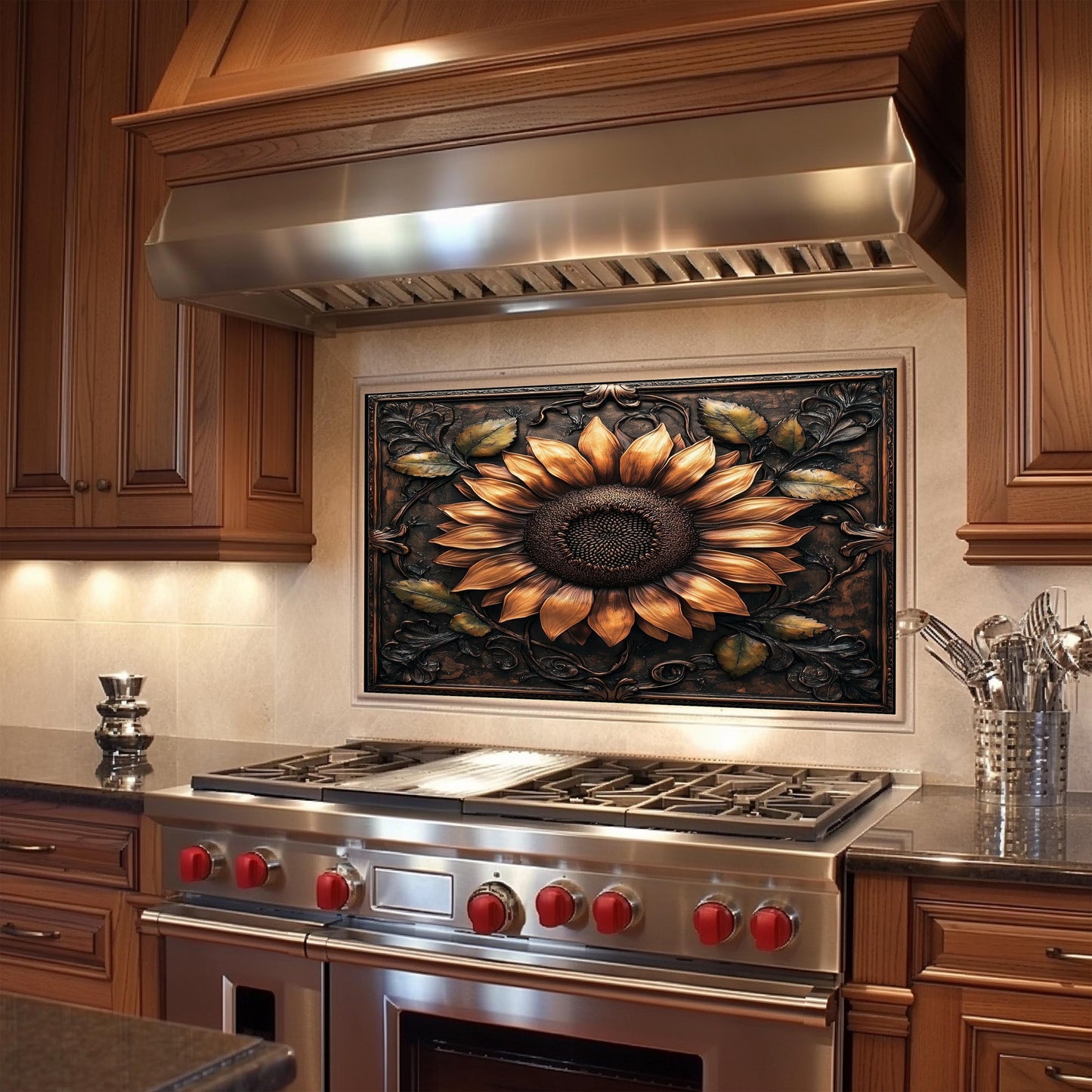 Sunflower backsplash, tempered glass panel, rustic kitchen wall art, heat-resistant splashback, easy to clean wall protector, modern kitchen accent, artistic backsplash, stove protector, elegant floral design