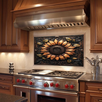 Sunflower backsplash, tempered glass panel, rustic kitchen wall art, heat-resistant splashback, easy to clean wall protector, modern kitchen accent, artistic backsplash, stove protector, elegant floral design