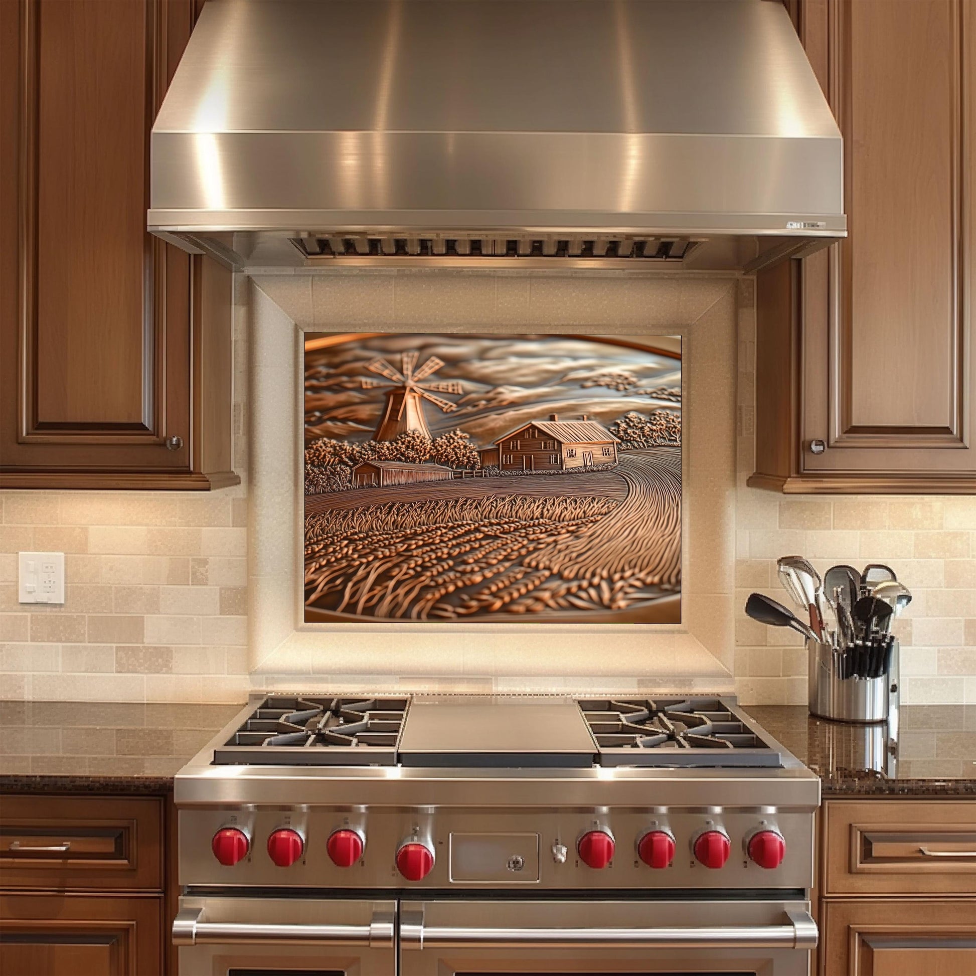 Copper Embossed Kitchen Backsplash: Rustic Farmhouse Windmill Scene
