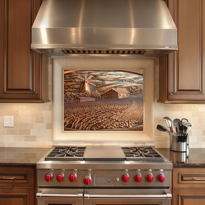 Copper Embossed Kitchen Backsplash: Rustic Farmhouse Windmill Scene