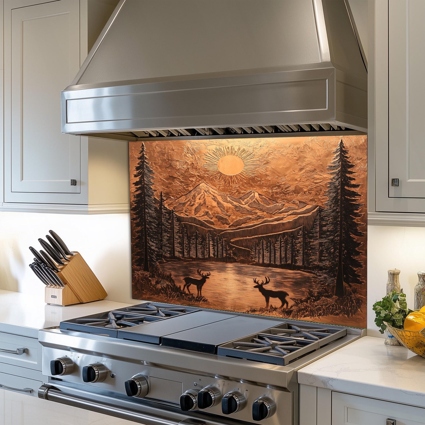 Mountain kitchen backsplash, copper-effect wall protector, heat-resistant tempered glass, rustic kitchen decor, nature-inspired wall protector, easy clean kitchen backsplash