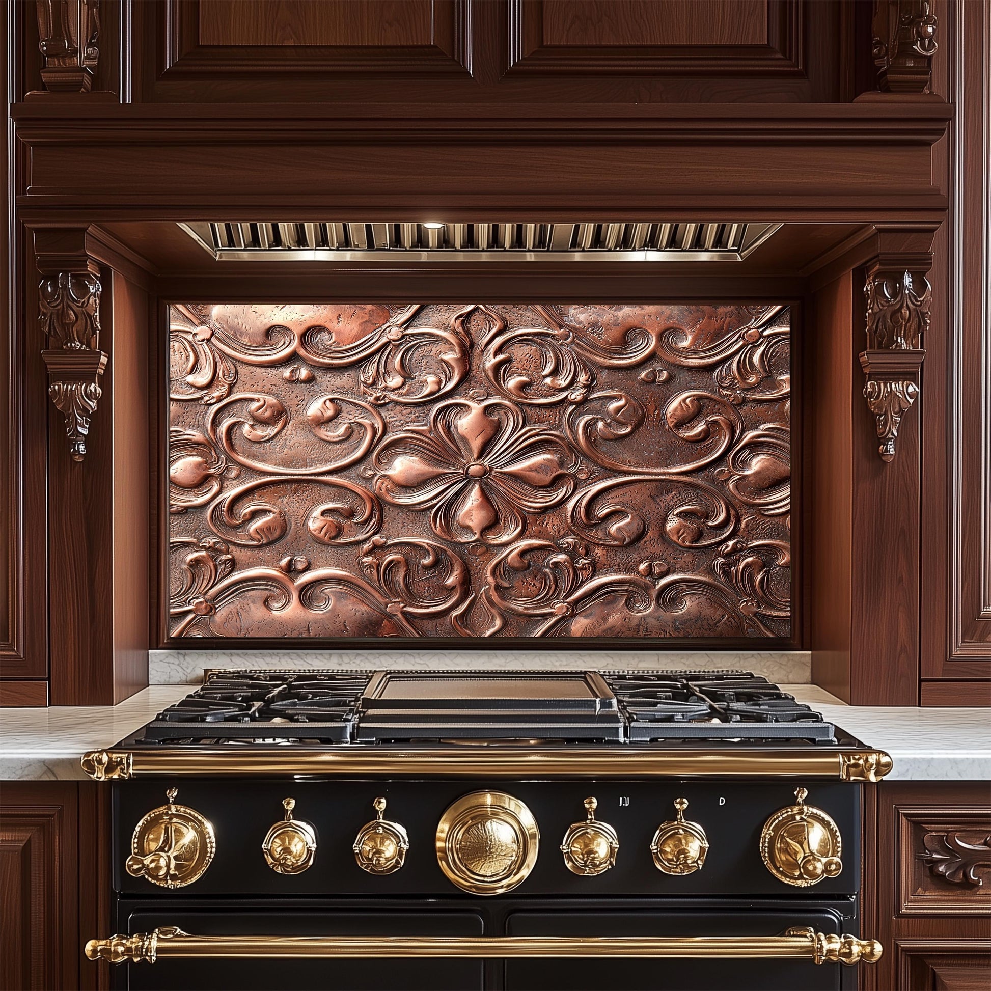 Copper-Effect Tempered Glass Backsplash: Rustic Kitchen Decor