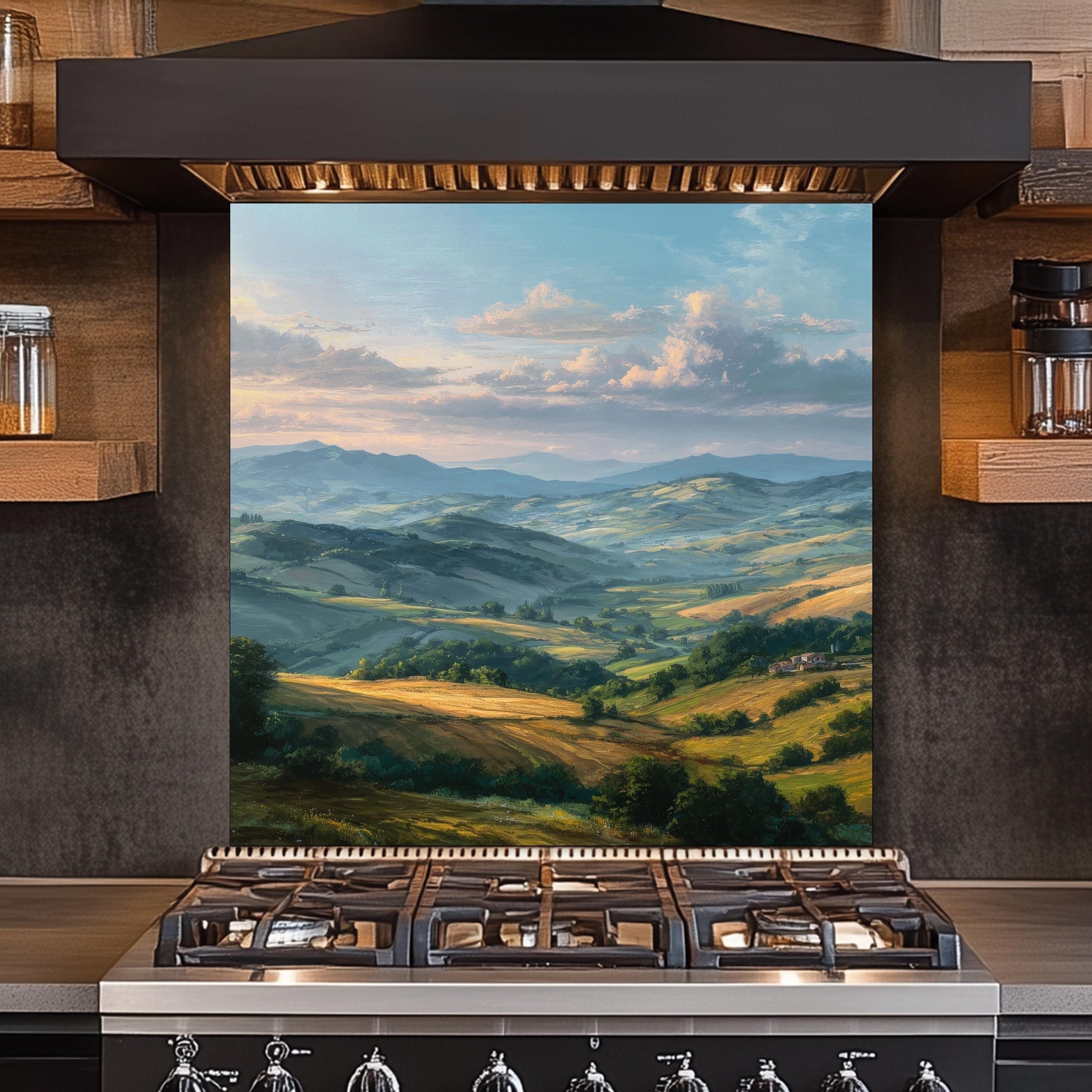 Tuscan Hills Glass Backsplash, Rustic Italy Scene Stove Guard, Heat Resistant Kitchen Wall Art