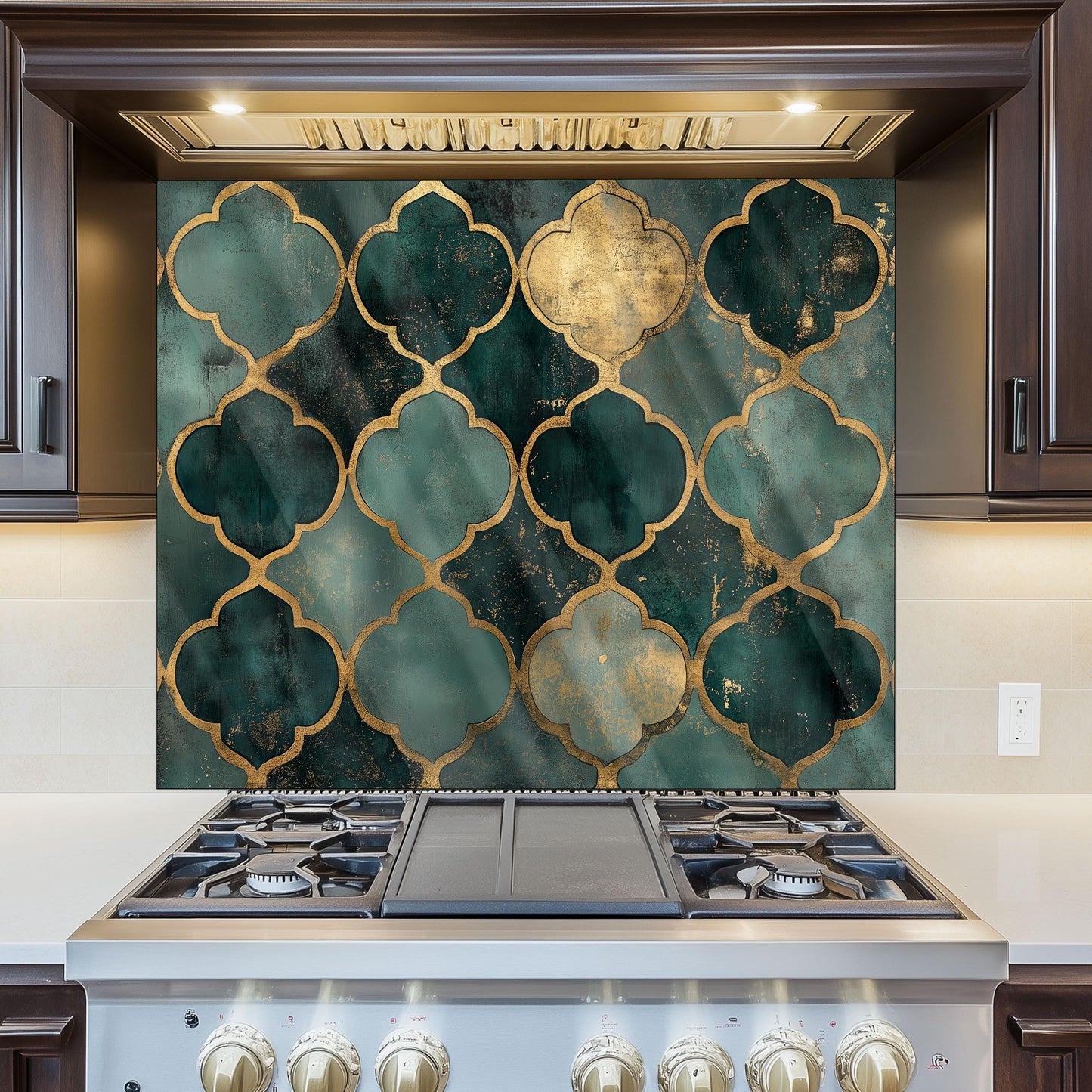 Moroccan Style Glass Backsplash, Blue Geometric Stove Guard, Heat Resistant Easy Clean Kitchen Art