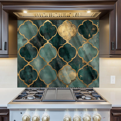 Moroccan Style Glass Backsplash, Blue Geometric Stove Guard, Heat Resistant Easy Clean Kitchen Art