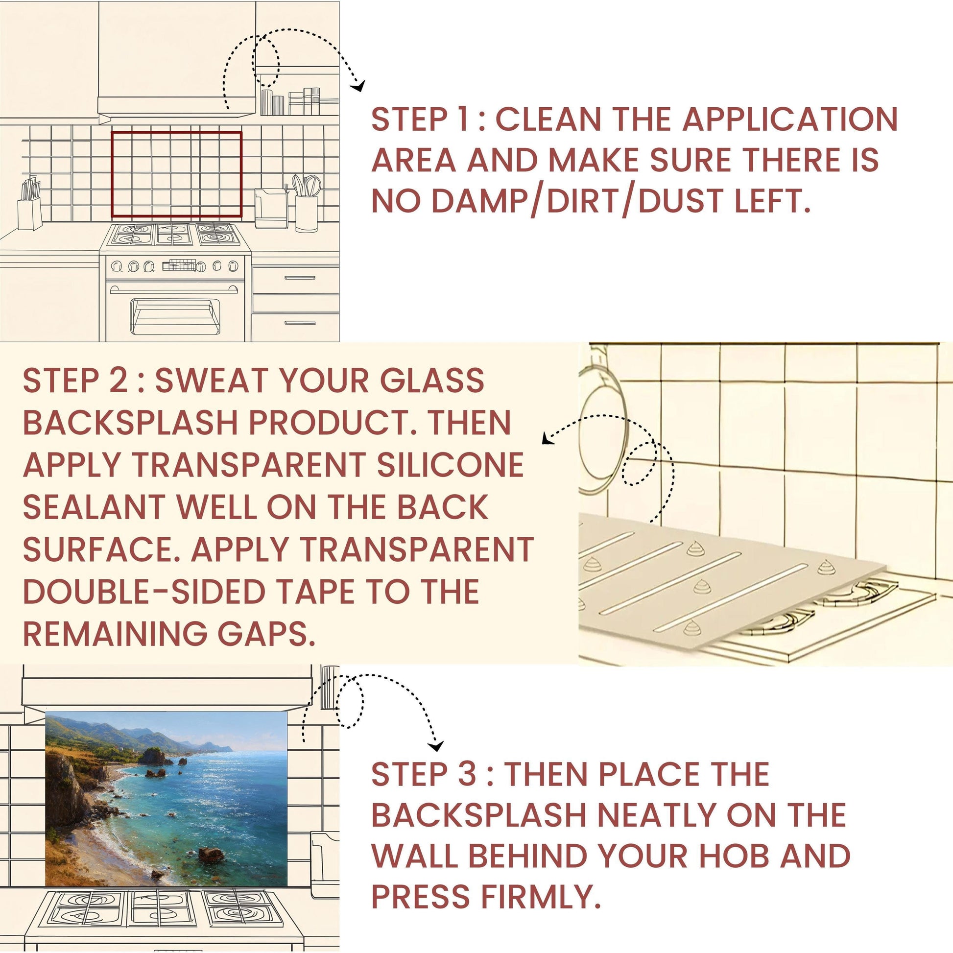 Tempered Glass Mountain Sunrise Backsplash: Coastal Kitchen Wall Art
