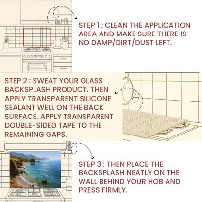 Tempered Glass Mountain Sunrise Backsplash: Coastal Kitchen Wall Art