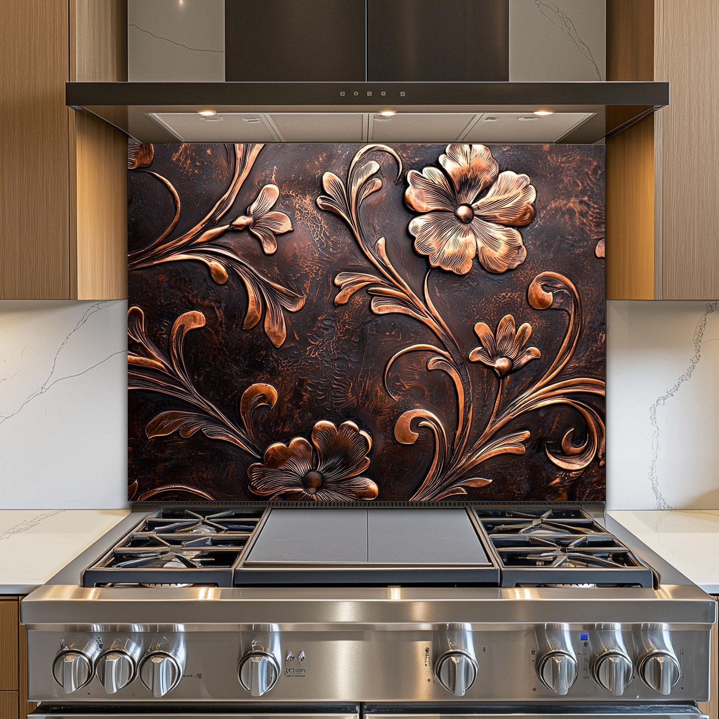 Embossed Copper Floral Glass Backsplash: Rustic Kitchen Decor