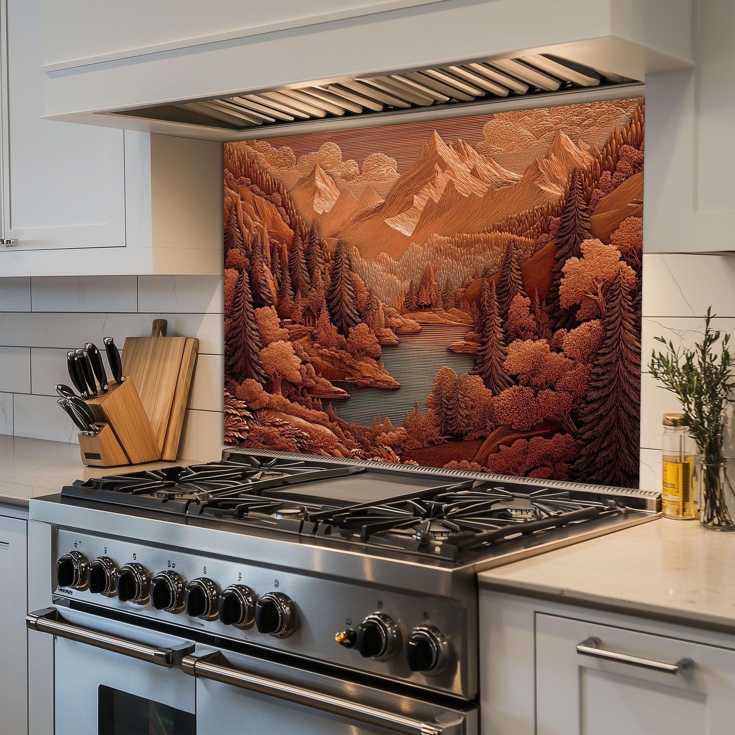 Rustic Sepia Mountain Glass Backsplash: Cabin Kitchen Stove Panel