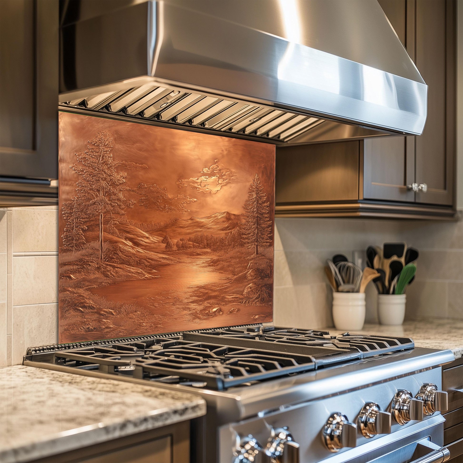 Tempered glass kitchen backsplash, copper landscape design, heat-resistant wall protector, easy clean stove backsplash, rustic kitchen decor, nature-inspired wall art