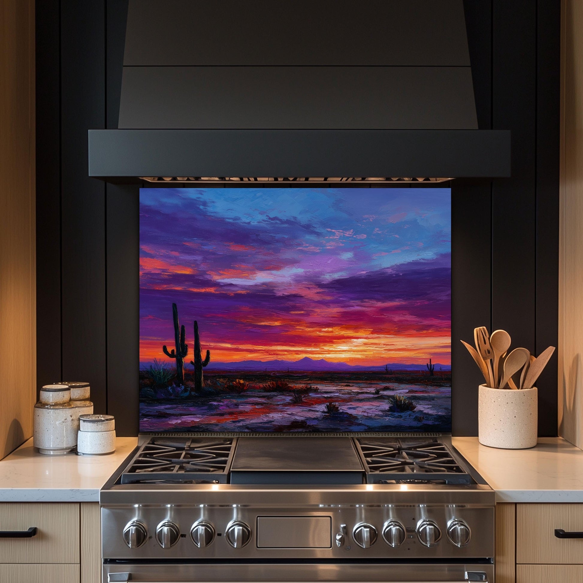 Desert Sunset Kitchen Backsplash: Southwestern Cactus Tempered Glass Wall Art