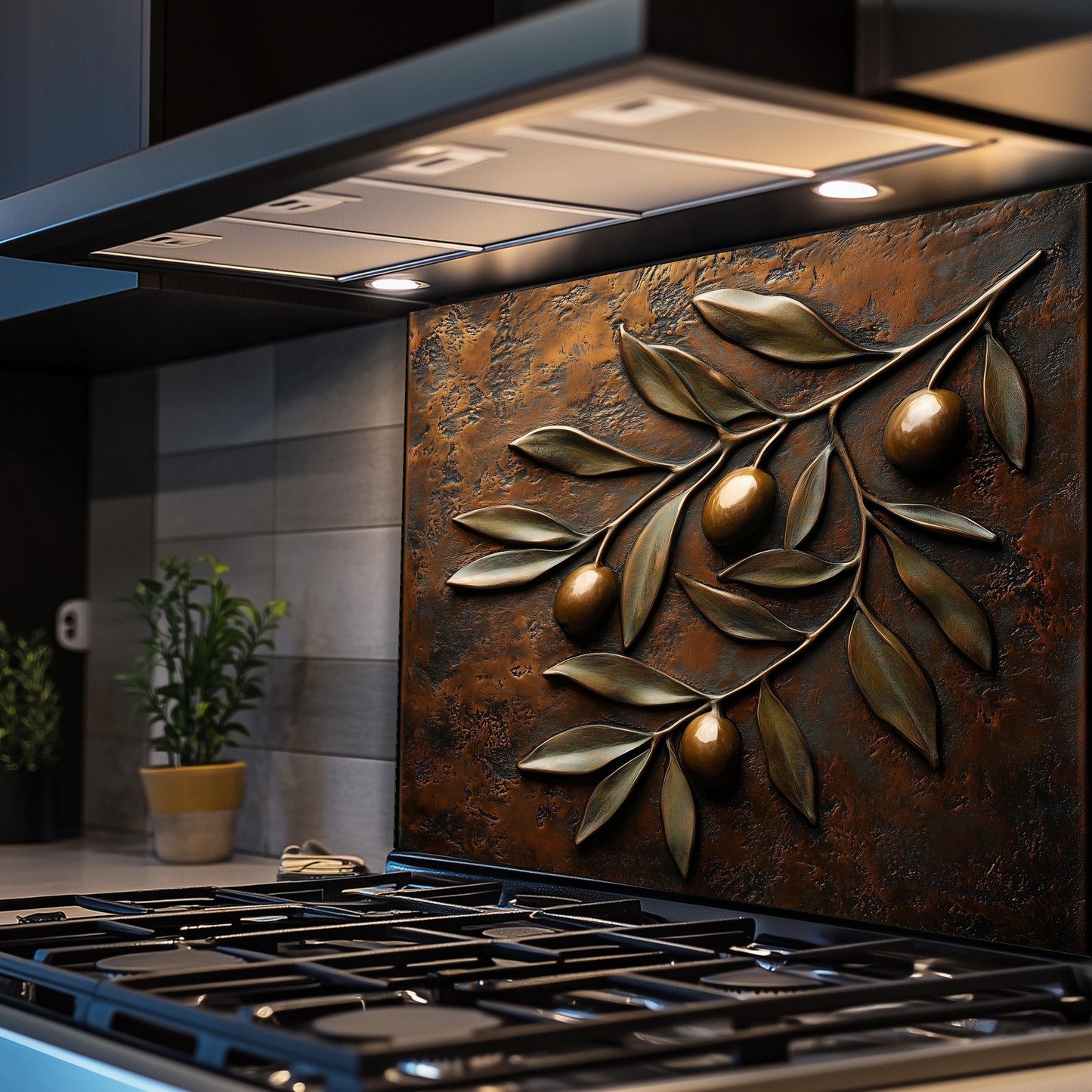 Mediterranean olive branch backsplash in tempered glass. Heat-resistant and easy to clean, this rustic kitchen wall protector adds farmhouse charm with elegant olive leaves, perfect for a nature-inspired kitchen design.