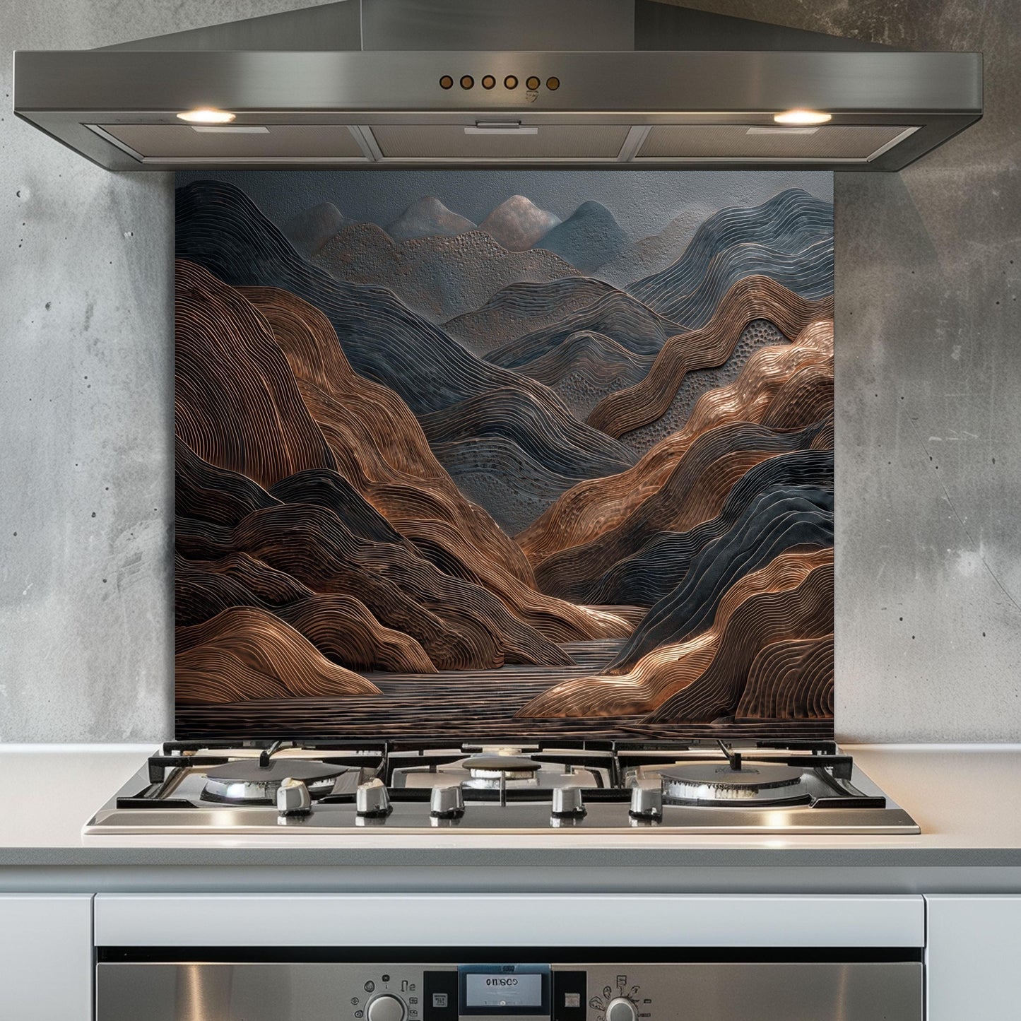 Tempered Glass Mountain Backsplash: Copper & Charcoal Abstract Art
