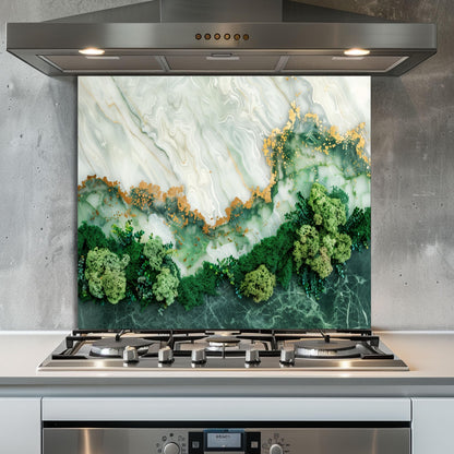 Green Marble Moss Glass Backsplash, Nature Texture Stove Guard, Heat Resistant Easy Clean Art