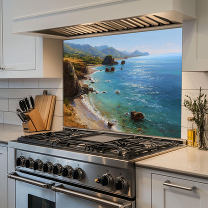 Tempered Glass Mountain Sunrise Backsplash: Coastal Kitchen Wall Art