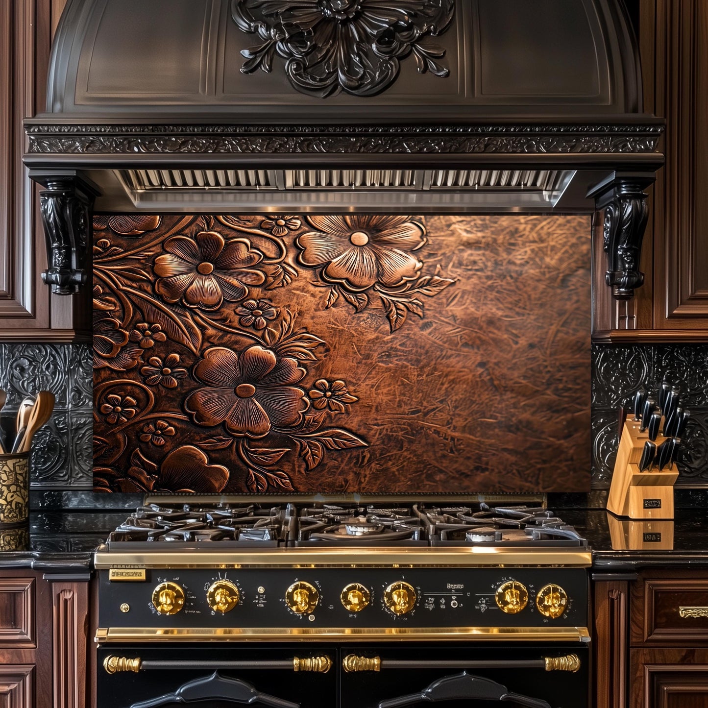 Embossed Floral Copper Glass Backsplash, Rustic Flower Stove Guard, Heat Resistant Kitchen Art