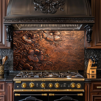 Embossed Floral Copper Glass Backsplash, Rustic Flower Stove Guard, Heat Resistant Kitchen Art