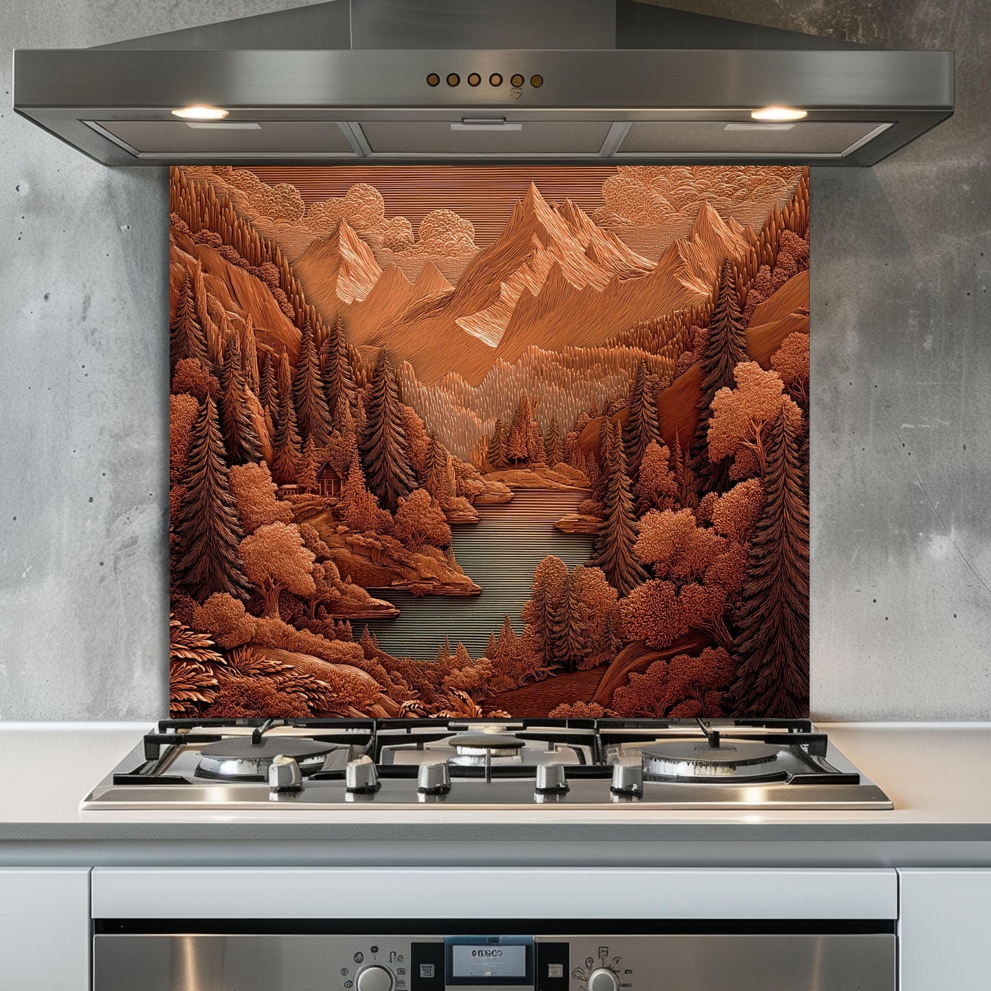 Rustic Sepia Mountain Glass Backsplash: Cabin Kitchen Stove Panel