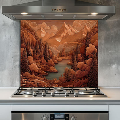 Rustic Sepia Mountain Glass Backsplash: Cabin Kitchen Stove Panel
